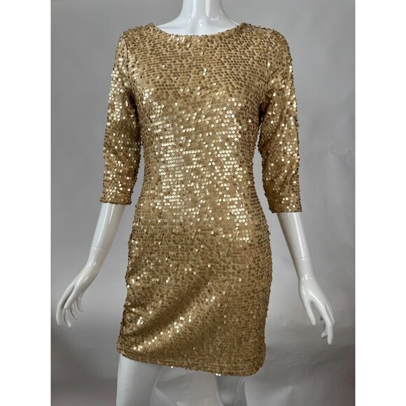 Fredericks Of Hollywood Gold Sequin Dress With 3/4 Sleeves & Low Back Design Siz - Picture 1 of 16